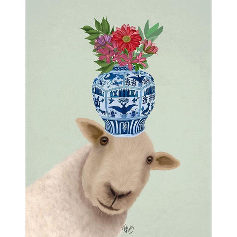 Sheep with Vase of Flowers Black Modern Wood Framed Art Print with Double Matting by Fab Funky