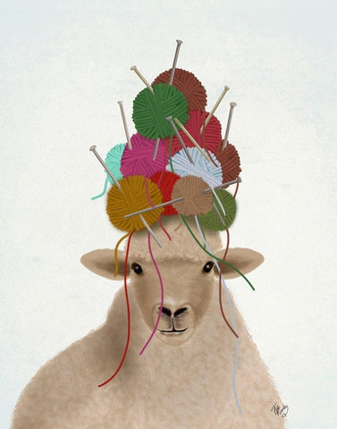 Sheep with Wool Hat, Portrait White Modern Wood Framed Art Print with Double Matting by Fab Funky