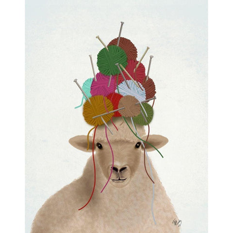 Sheep with Wool Hat, Portrait Black Modern Wood Framed Art Print with Double Matting by Fab Funky