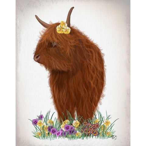 Highland Cow, Pansy Gold Ornate Wood Framed Art Print with Double Matting by Fab Funky