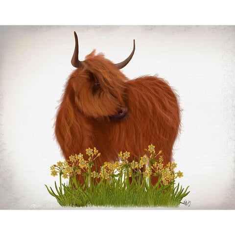 Highland Cow, Daffodil Black Modern Wood Framed Art Print by Fab Funky
