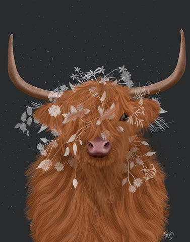 Highland Cow 1, White Flowers Black Ornate Wood Framed Art Print with Double Matting by Fab Funky