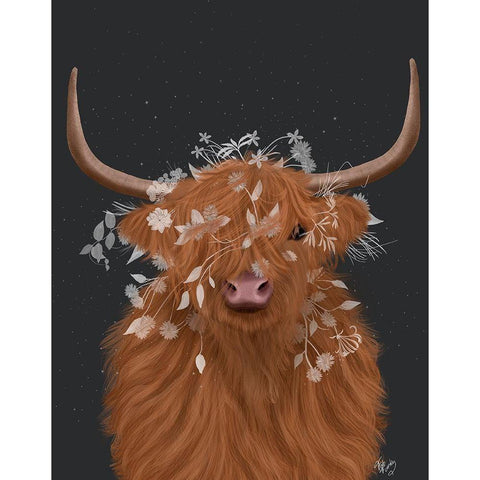 Highland Cow 1, White Flowers Black Modern Wood Framed Art Print with Double Matting by Fab Funky