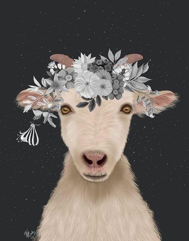 Goat 1, White Flowers White Modern Wood Framed Art Print with Double Matting by Fab Funky