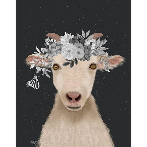 Goat 1, White Flowers Gold Ornate Wood Framed Art Print with Double Matting by Fab Funky