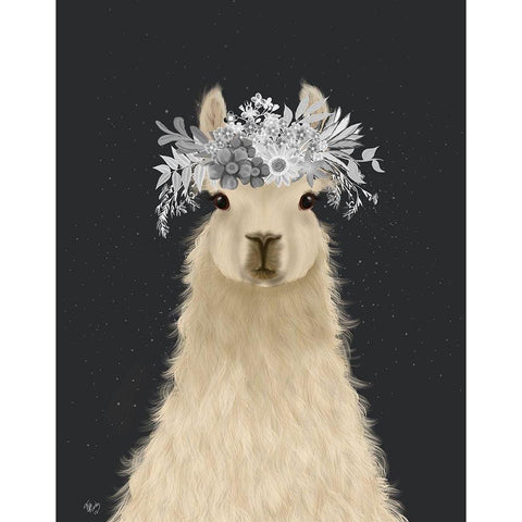 Llama White Flowers Gold Ornate Wood Framed Art Print with Double Matting by Fab Funky