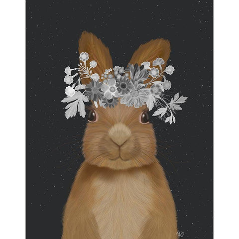 Rabbit, White Flowers Black Modern Wood Framed Art Print with Double Matting by Fab Funky