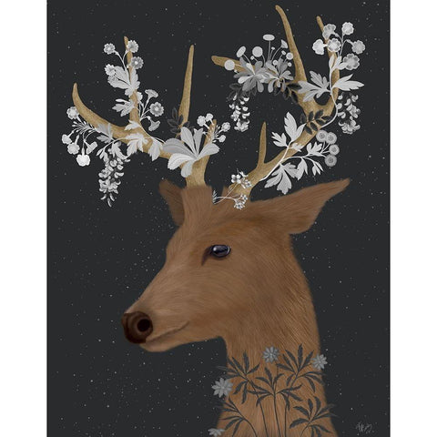 Deer, White Flowers Gold Ornate Wood Framed Art Print with Double Matting by Fab Funky