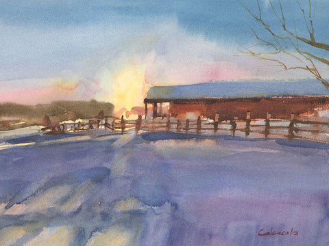 Long Barn at Sunset White Modern Wood Framed Art Print with Double Matting by Calcasola, Stephen