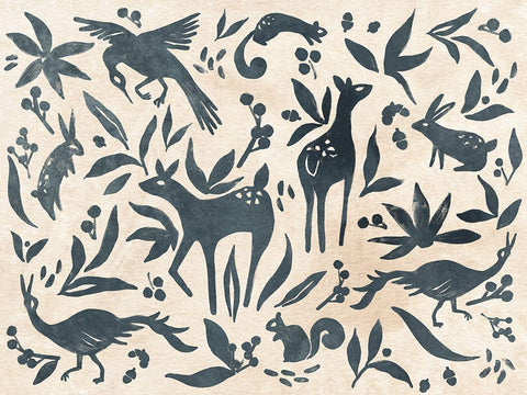 Woodland Woodblock I Black Ornate Wood Framed Art Print with Double Matting by Vess, June Erica