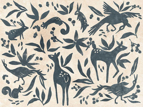 Woodland Woodblock II Black Ornate Wood Framed Art Print with Double Matting by Vess, June Erica