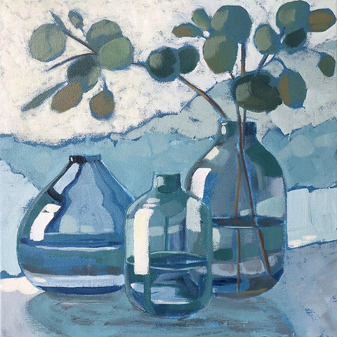 Eucalyptus in Blue Glassware White Modern Wood Framed Art Print with Double Matting by Riger, Sue