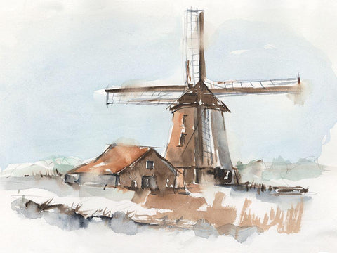 Windmill Watercolor I White Modern Wood Framed Art Print with Double Matting by Harper, Ethan