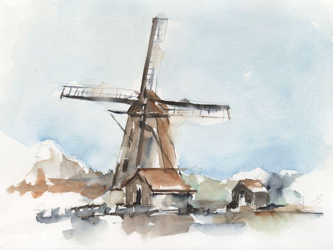 Windmill Watercolor II Black Ornate Wood Framed Art Print with Double Matting by Harper, Ethan