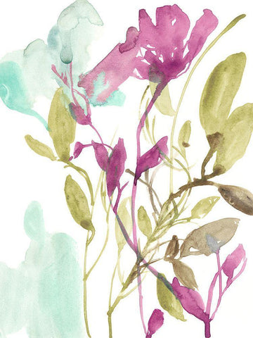 Fuchsia And Olive Bouquet II Black Ornate Wood Framed Art Print with Double Matting by Goldberger, Jennifer