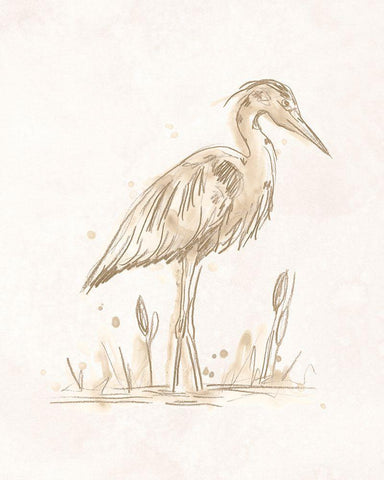 Sepia Heron II Black Ornate Wood Framed Art Print with Double Matting by Vess, June Erica