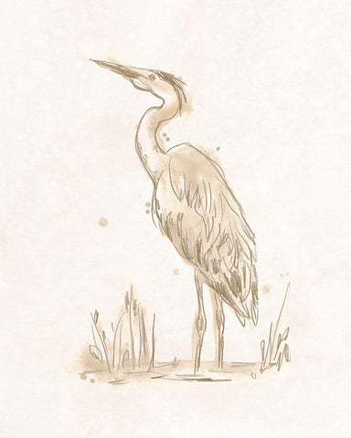 Sepia Heron III White Modern Wood Framed Art Print with Double Matting by Vess, June Erica