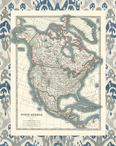 Bordered Map of North America White Modern Wood Framed Art Print with Double Matting by Johnston