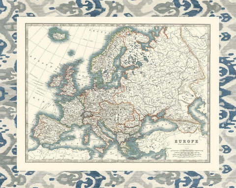 Bordered Map of Europe Black Ornate Wood Framed Art Print with Double Matting by Johnston