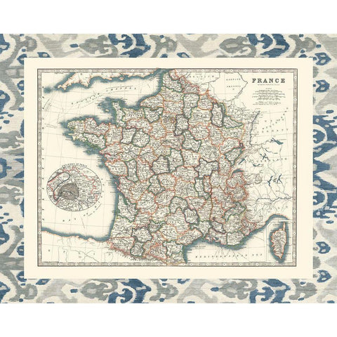 Bordered Map of France White Modern Wood Framed Art Print by Johnston