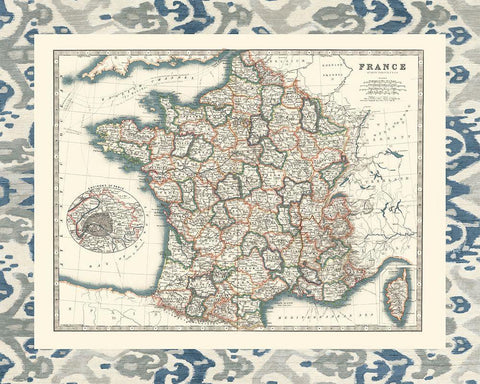 Bordered Map of France Black Ornate Wood Framed Art Print with Double Matting by Johnston