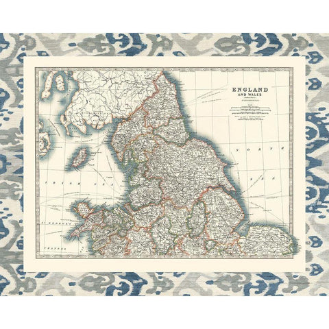 Bordered Map of England And Wales Black Modern Wood Framed Art Print with Double Matting by Johnston