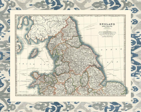 Bordered Map of England And Wales White Modern Wood Framed Art Print with Double Matting by Johnston