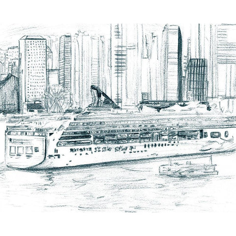 Ferryboats II Black Modern Wood Framed Art Print with Double Matting by Wang, Melissa