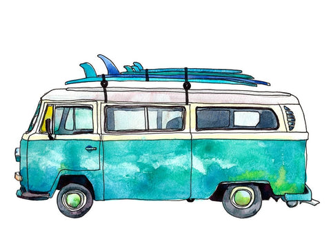 Blue Surf Van White Modern Wood Framed Art Print with Double Matting by McCreery, Paul