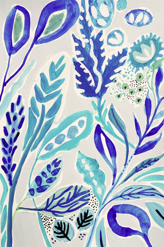 Leaves in Blue I Black Ornate Wood Framed Art Print with Double Matting by Fields, Karen