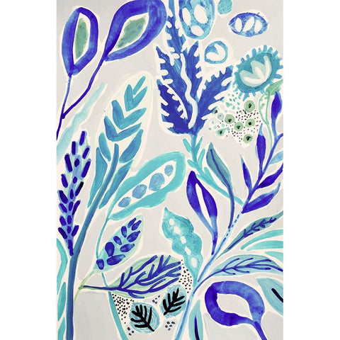 Leaves in Blue I Black Modern Wood Framed Art Print by Fields, Karen