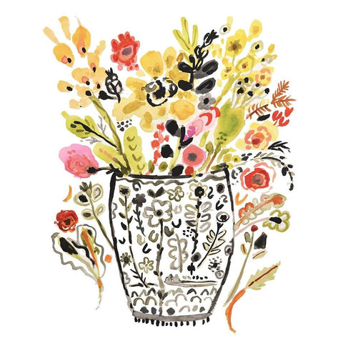 Inked Yellow Flowers in Vase White Modern Wood Framed Art Print by Fields, Karen