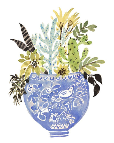 Delft Bird Vase White Modern Wood Framed Art Print with Double Matting by Fields, Karen