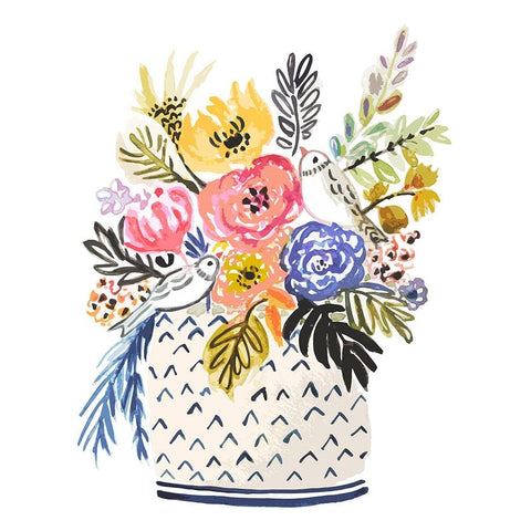 Cottage Bird Vase White Modern Wood Framed Art Print by Fields, Karen