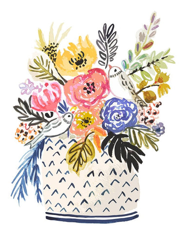 Cottage Bird Vase White Modern Wood Framed Art Print with Double Matting by Fields, Karen