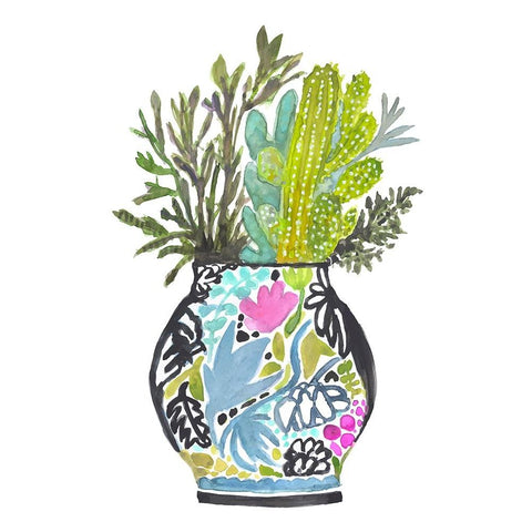 Painted Vase With Cactus Black Modern Wood Framed Art Print with Double Matting by Fields, Karen