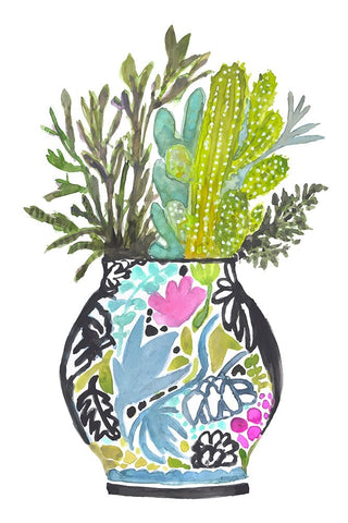 Painted Vase With Cactus White Modern Wood Framed Art Print with Double Matting by Fields, Karen