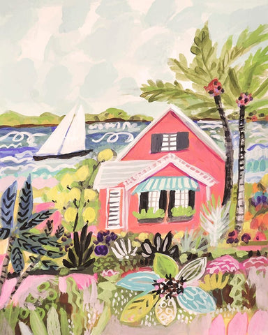 Coastal Pink Cabin Black Ornate Wood Framed Art Print with Double Matting by Fields, Karen