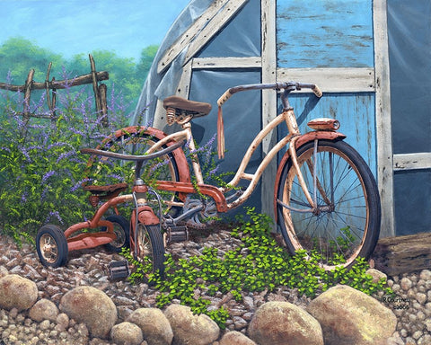 Big Bike Little Trike Black Ornate Wood Framed Art Print with Double Matting by Courtney, Richard