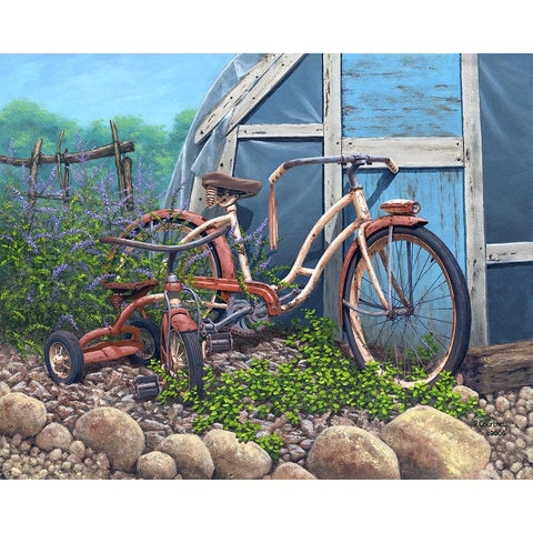 Big Bike Little Trike Gold Ornate Wood Framed Art Print with Double Matting by Courtney, Richard