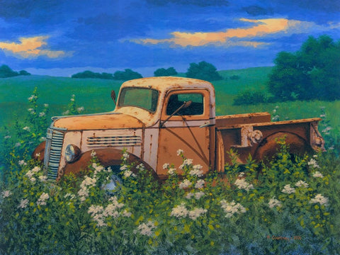 Truck In the Meadow I White Modern Wood Framed Art Print with Double Matting by Courtney, Richard