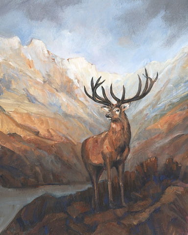 Great Stag in Mountains I White Modern Wood Framed Art Print with Double Matting by OToole, Tim