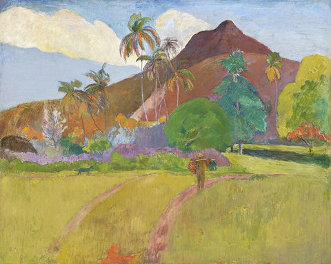 Tahitian Landscape White Modern Wood Framed Art Print with Double Matting by Gauguin, Paul