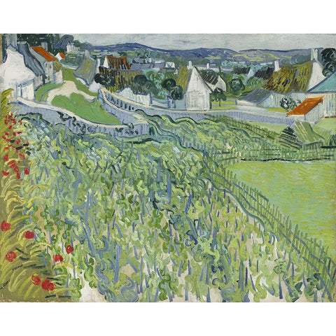 Vineyards at Auvers Black Modern Wood Framed Art Print with Double Matting by Van Gogh, Vincent