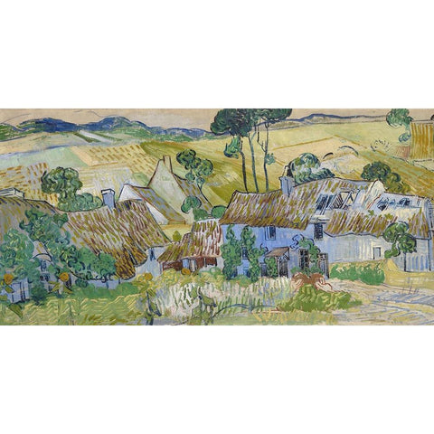 Farms near Auvers Black Modern Wood Framed Art Print with Double Matting by Van Gogh, Vincent