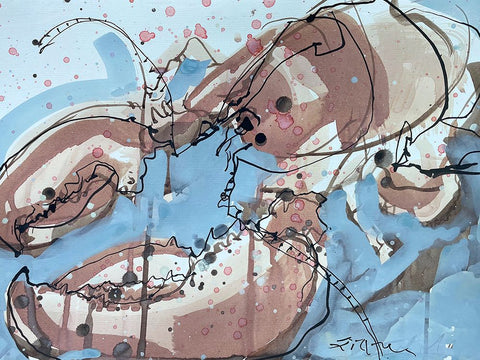 Lobster on Blue I White Modern Wood Framed Art Print with Double Matting by Ferrell, Erin McGee