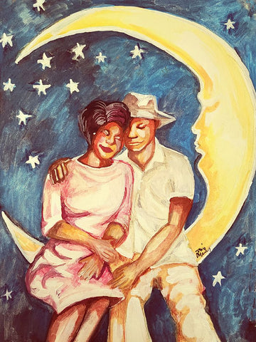 Love Over the Moon I Black Ornate Wood Framed Art Print with Double Matting by McGee, Janie