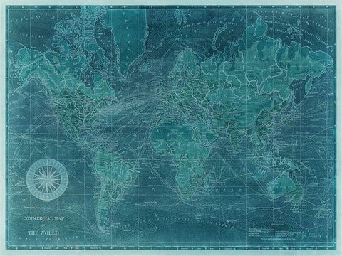 Azure World Map White Modern Wood Framed Art Print with Double Matting by Vision Studio