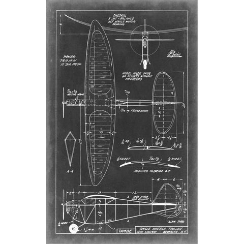 Aeronautic Blueprint I Black Modern Wood Framed Art Print with Double Matting by Vision Studio