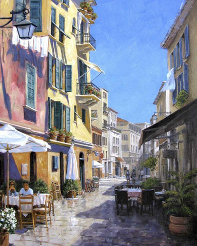 Sunny Street in Portofino Black Ornate Wood Framed Art Print with Double Matting by Swanson, Michael